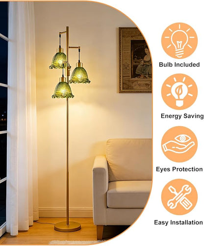 3-Light Modern Glass Floor Lamp, Gold Standing Tall Lamp with Green Lily Glass Shade for Reading, Dimmable LED Floor Lamp with 5Lbs Heavy Base for Living Room Bedroom Home Decor, Bulb Included