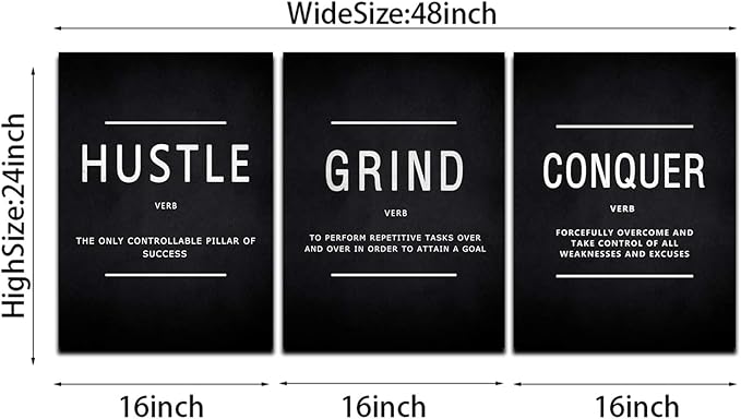 KAWAHONE Grind Hustle Conquer Wall Art, Success Canvas Painting Wall Decor Motivation Poster Framed Inspiration Quotes Picture Positive Wall Hanging for Home Office Workplace -16" Wx 24" Hx 3 PCS