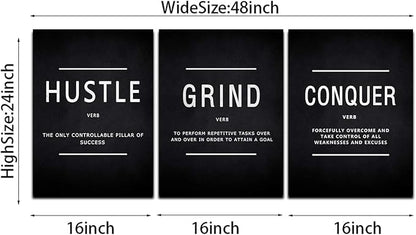KAWAHONE Grind Hustle Conquer Wall Art, Success Canvas Painting Wall Decor Motivation Poster Framed Inspiration Quotes Picture Positive Wall Hanging for Home Office Workplace -16" Wx 24" Hx 3 PCS