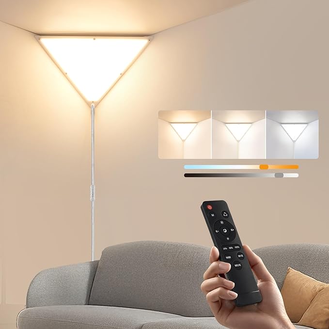 Upgraded Corner Light with Remote, 24W 2200LM LED Corner Lights for Living Room, 3000K/4000K/6000K Plug in Ceiling Lights with Switch, Stepless Dimmable LED Lamp for Bedroom, Triangle Shape(1 Pack)