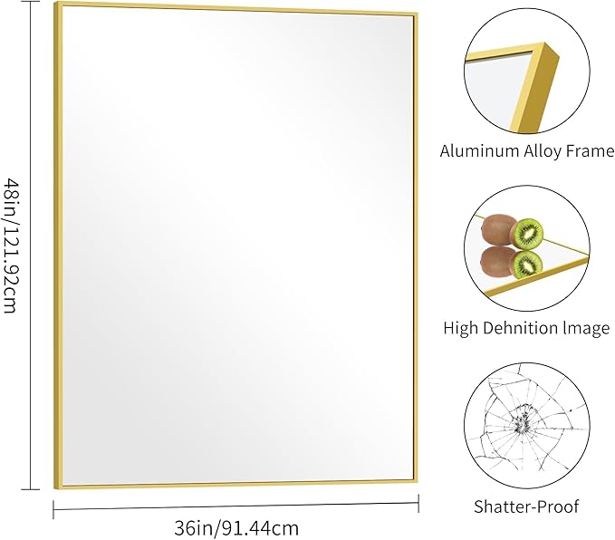 COFENY 36x48inch Bathroom Mirror, Gold Rectangle Mirror with Thin Metal Frame, Large Rectangular Wall Mirrors for Bathroom, Living Room, Hair Salon, Big Farmhouse Mirror Hang Horizontal/Vertical