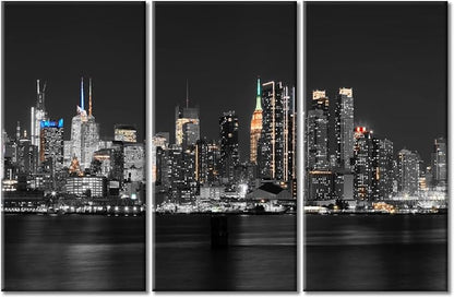 TUMOVO 3 Pieces Manhattan USA Skyline Canvas Paintings Office Decor Hudson River New York City NY USA Wall Decor City Skyline Wall Decor for Bedroom, Living Room.Ready to Hang (60" Wx40 H)