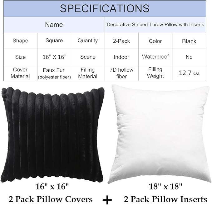 Decorative Throw Pillow with Inserts, Set of 2 Soft Faux Fur Throw Pillows, Square Boho Striped Pillow for Couch, Bed, Sofa Decor(Black, 16" x 16")