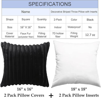 Decorative Throw Pillow with Inserts, Set of 2 Soft Faux Fur Throw Pillows, Square Boho Striped Pillow for Couch, Bed, Sofa Decor(Black, 16" x 16")