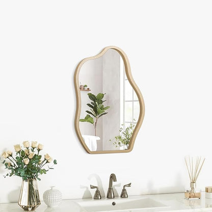 Small Wall Mirror Asymmetrical Irregular Wood Frame Mirrors Modern Unique Wall-Mounted Artistic Cloud Shape Mirror Decor for Bathroom Vanity Bedroom Living Room Entryway Hallway