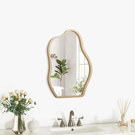 Small Wall Mirror Asymmetrical Irregular Wood Frame Mirrors Modern Unique Wall-Mounted Artistic Cloud Shape Mirror Decor for Bathroom Vanity Bedroom Living Room Entryway Hallway