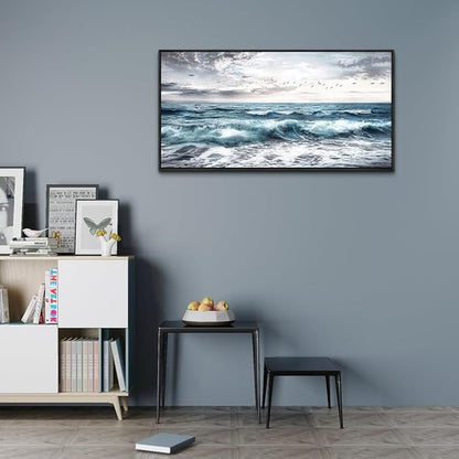 QIYILEXWART Black Framed Large Canvas Wall Art For Living Room Wall Decor For Bedroom Office Wall Decoration Ocean Waves Painting Modern Watercolou Picture Artwork Ready To Hang Home Decor