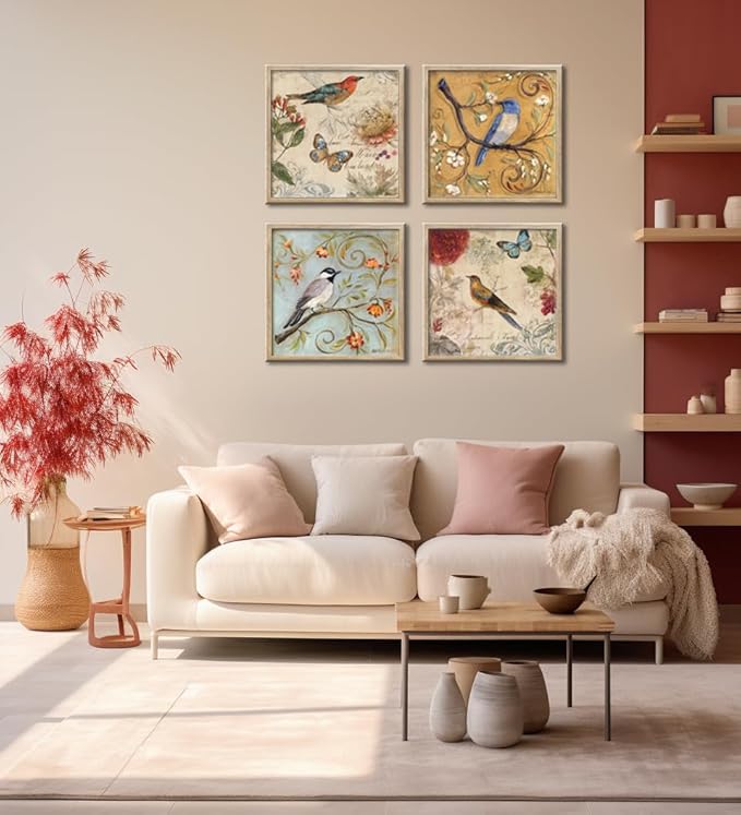 Large Framed Flowers Birds Canvas Wall Art for Bedroom Floral Wall Decor Butterfly Picture Artwork Vintage Prints Paintings for Living Room Bathroom Kitchen Decorations 16"x16"