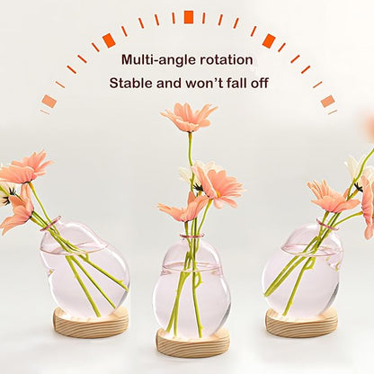 Plant Propagation Station Glass Planter Terrarium Jar with Wooden Stand Adjustable, Unique Flower Vase for Hydroponic Plants Cuttings, Plant Lover Gifts Home Boho Decor (Pink)