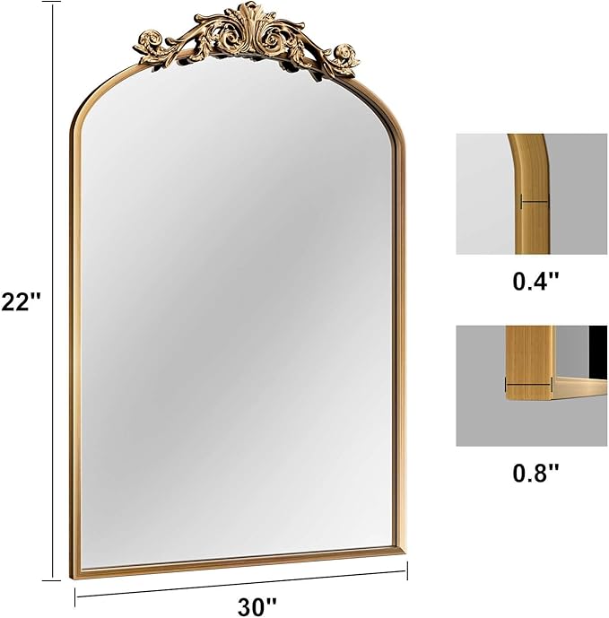 Traditional Vintage Gold Mirror, Antique Arched Mirror, Bronze Decor Wall Mirrors, Large Baroque Mirror with Aluminum Frame, Ornate Mirrors for Bathroom, Living Room, Fireplace (30"x22")