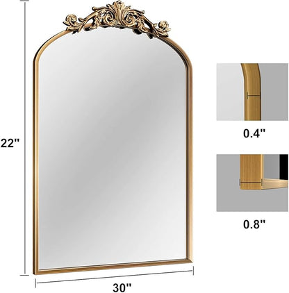Traditional Vintage Gold Mirror, Antique Arched Mirror, Bronze Decor Wall Mirrors, Large Baroque Mirror with Aluminum Frame, Ornate Mirrors for Bathroom, Living Room, Fireplace (30"x22")