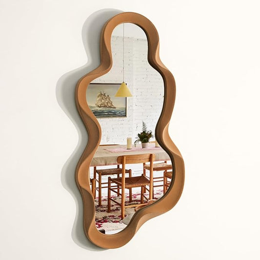 Wavy Mirror Wall Decor for Girly Bedroom, 13.8x29.9 Cute Abstract Decorative Mirrors for Modern Apartment Nursery Room Decoration, Large Hanging Wall Art Above Dresser Desk Table Decor (Brown)