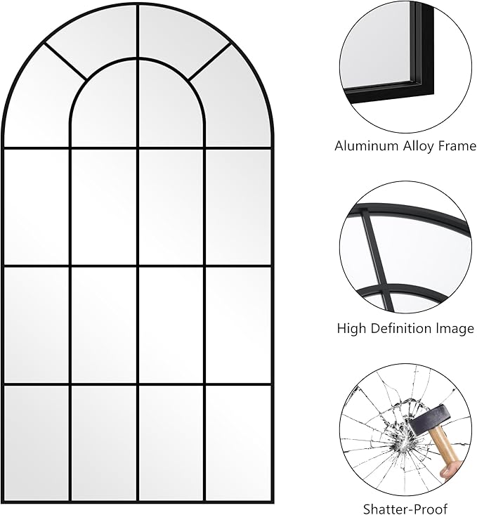 Arched Mirror, 30"x55" Arch Window Mirror, Black Frame Window Pane Wall Decor, Large Wall Mounted Decorative for Living Room Bedroom Entryway Hanging or Leaning Against