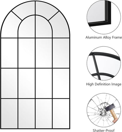 Arched Mirror, 30"x55" Arch Window Mirror, Black Frame Window Pane Wall Decor, Large Wall Mounted Decorative for Living Room Bedroom Entryway Hanging or Leaning Against