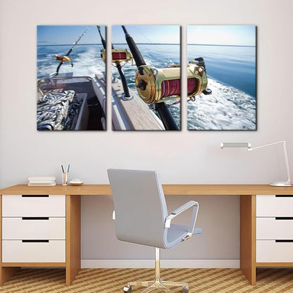 Pacimo 3 Pieces Canvas Wall Art Fishing Reels and Rods Pictures Prints Wall Decor for Living Room Angling Gallery-Wrapped Modern Artwork White Sea Wave Paintings Bedroom House Decor Framed - 16"x24"x3
