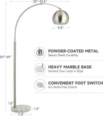CO-Z Modern Floor Lamp for Living Room, Brushed Nickel Arc Floor Lamp with LED Bulb, Marble Base Contemporary Tall Lamp for Living Room Couch Sofa, Height Up to 69 Inch