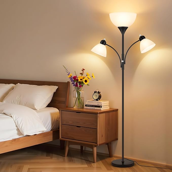 Coucrek Torchiere Floor Lamps for Living Room,72" Dimmable Lamp with 2 Adjustable Reading Lights for Bedroom, Black Tall Standing Room Lamp, 3 Bulbs Included