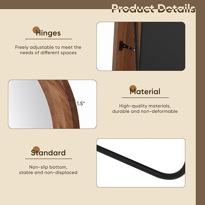 Full Length Mirror, 76"x34" Wooden Mirror Full Length with Stand Wood Floor Mirror, Oversized Stand Up Mirrors Large Wall Mirrors, Wall Mounted Mirrors, Arched Wood Style, Brown