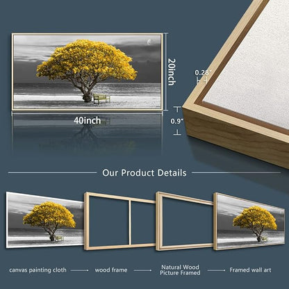 Framed Canvas Wall Art For Living Room & Bedroom - Large Size Black And White Scenery - Boho Home Decor - Yellow Trees - Natural Wood Frames