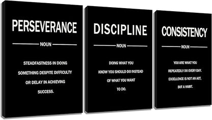 Motivational Wall Decor Perseverance Discipline Consistency 3 Pieces Inspirational Office Posters Positive Picture Prints Artwork for Modern Home Bedroom Gym Classroom Ready to Hang [36''W X 16''H]