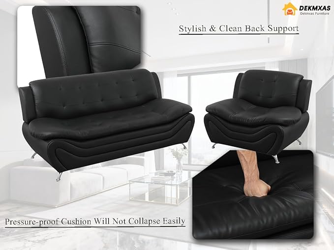 Living Room Furniture Sets, Faux Leather Sofa Couches Set, Black Sofa and Chair for Bedroom, Apartment, for Living Room