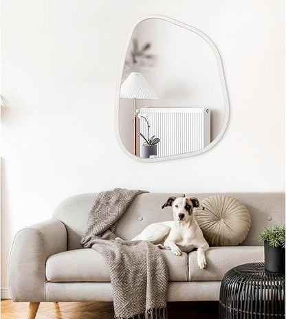 Asymmetrical Mirror Small 26"x18" Irregular Wall Mirror Modern Wood Frame Unique Shape Wall Mounted Vanity Artistic Mirror Decorative for Living Room Bedroom Bathroom Entryway Hallway