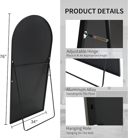 Beauty4U Arched Full Length Mirror 76" x 34", Black Large Full Body Mirror with Stand, Floor Standing & Wall Mounted HD Tempered Glass Dressing Mirror for Bedroom, Living Room, Entryway