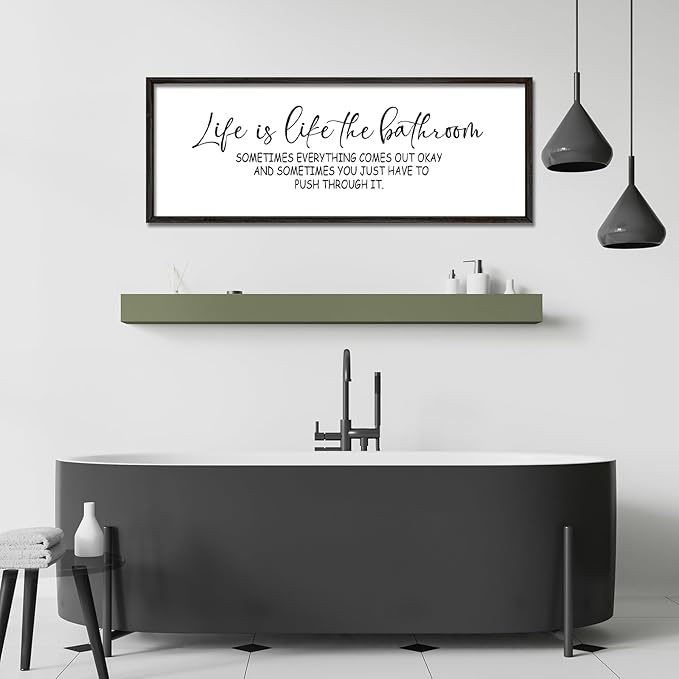 Life Is Like The Bathroom Sign Funny Motivational Quote Wall Decor 40"×15" Large Wood Framed for Bathroom Restroom Wall Hanging Art (Black)