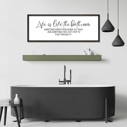 Life Is Like The Bathroom Sign Funny Motivational Quote Wall Decor 40"×15" Large Wood Framed for Bathroom Restroom Wall Hanging Art (Black)