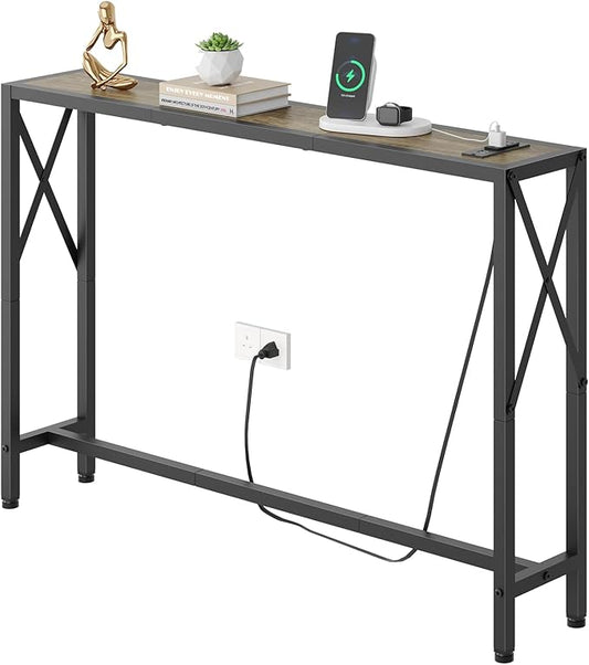Gewudraw 41.7" Console Table, Narrow Behind The Couch Table with Outlet, Industrial Skinny Sofa Table for Hallway, Entryway, Living Room,Walnut