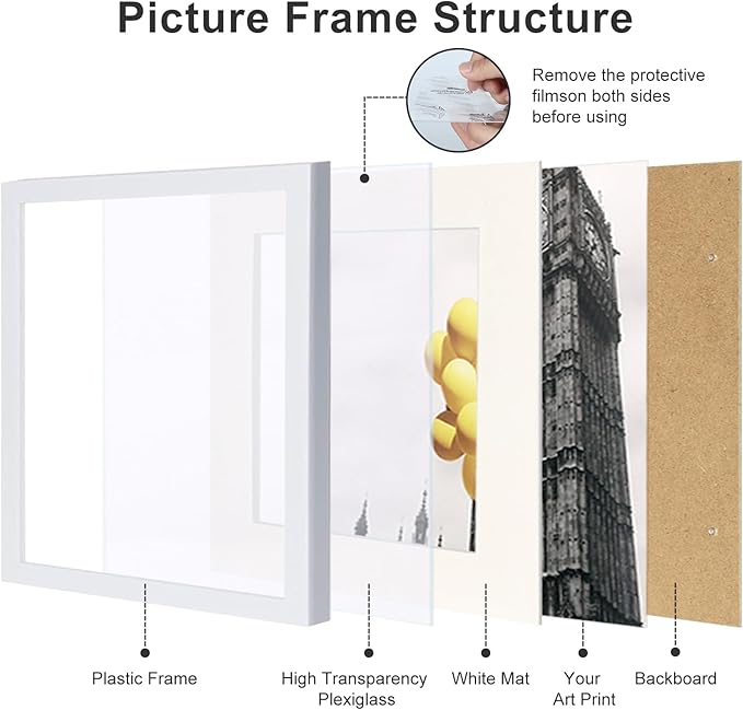 8x8 Picture Frame Set of 9, Display Pictures 4x4 with Mat or 8x8 without Mat, Multi Collage Gallery Square Photo Frames for Wall or Tabletop, White
