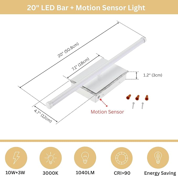 20-Inch Smart LED Vanity Light Bar | Dual Light Source (10W Main/3W Motion Sensor) | 4 Switch Modes (Incl. Night Light) | 3000K, 1040LM, CRI 90+, Dimmable, ETL (Matte White)