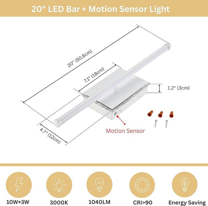 20-Inch Smart LED Vanity Light Bar | Dual Light Source (10W Main/3W Motion Sensor) | 4 Switch Modes (Incl. Night Light) | 3000K, 1040LM, CRI 90+, Dimmable, ETL (Matte White)
