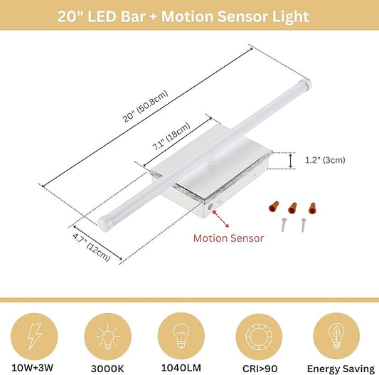 20-Inch Smart LED Vanity Light Bar | Dual Light Source (10W Main/3W Motion Sensor) | 4 Switch Modes (Incl. Night Light) | 3000K, 1040LM, CRI 90+, Dimmable, ETL (Matte White)
