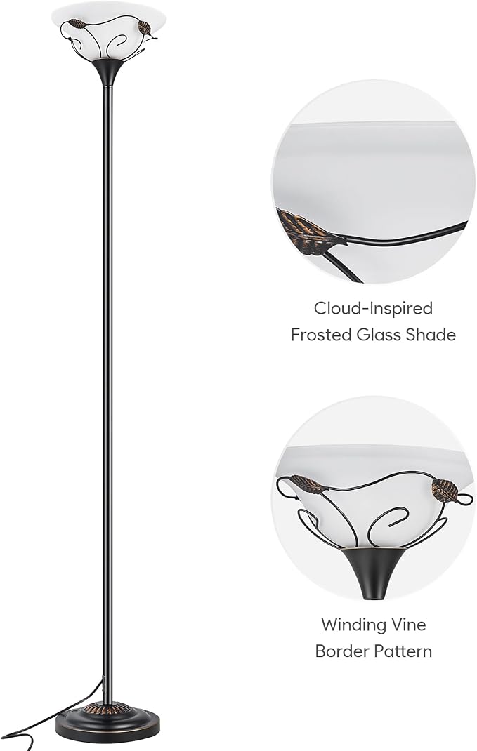 VONLUCE 68" Floor Lamp for Living Room, ETL Listed Standing Lamp with Cloud Frosted Glass Shade Curling Vine Edge, Vintage Tall Lamp for Bedroom Home Office with Foot Switch Standard E26 Socket