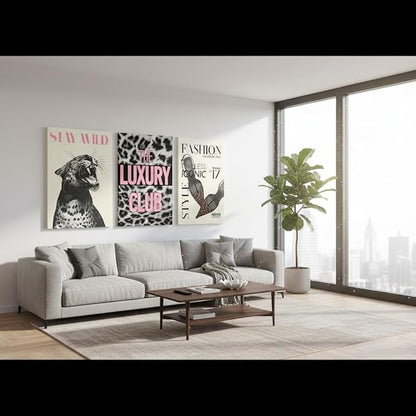 YXJYZZKX Fashion Leopard Wall Art Set of 3, Black and White Cheetah Wrapped Canvas Prints with Pink Quotes, Eclectic Glam Animal Wall Decor, Modern Trendy Artwork for Bedroom Living Room, 16x24 Inch Ready to Hang