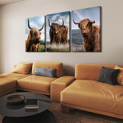 Large Wall Art 3 Panels Cow Pictures Wall Decor Highland Cow Canvas Art Vintage Farm Cattle Posters Animal Painting Canvas Prints Decor, Framed 24'' Wx36''Hx3pcs