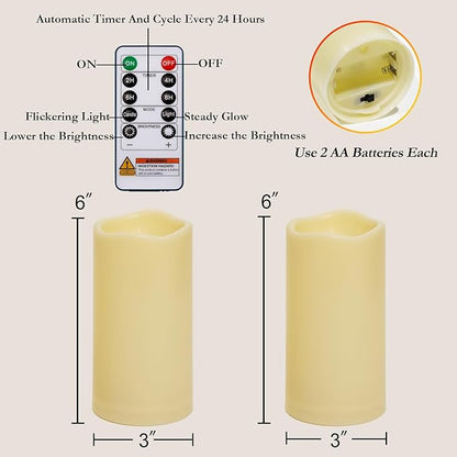 Homemory 3"x6" Flameless Candles, Outdoor Waterproof, Battery Operated LED Pillar Candles with Remote Control and Timer, Plastic, Long Lasting