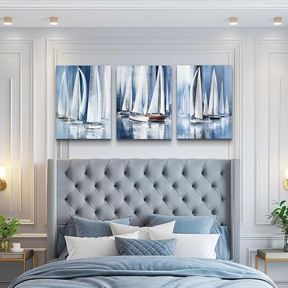 3 Piece Framed canvas wall art for living room bathroom bedroom Wall Art Decor Ocean landscape sailboat abstract Canvas painting Ready to Hang Office Home Decoration sea poster Pictures Wall Artworks