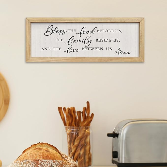 comurdyo Modern Religious Holy Dining Room Bless the Food Before Us Prayer Sign Wall Decor 16"×6" Framed Wood for Small Rustic Minimalist Christian Catholic Kitchen Wall Art Hanging (Wood)