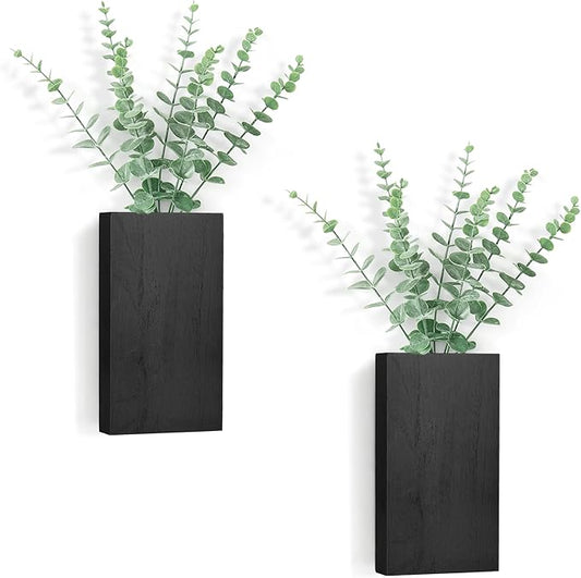 Dahey 2 Pack Wood Wall Planter Vase with Artificial Eucalyptus Farmhouse Wall Hanging Decor Pocket Planter for Indoor Fake Plants Greenery, Living Room Bedroom Kitchen Home Office Decoration, Black