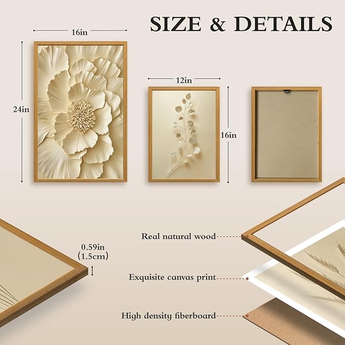 GELDSTEI Neutral Beige Floral Canvas Wall Art, Modern Minimalist Botanical Wall Decor, Vintage Beige Elegant Flower Poster Prints for Living Room Bedroom Wood Framed Set of 3, Each 12x16 Inch