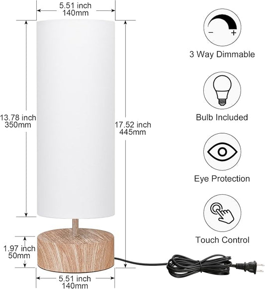 Touch Table Lamp with Metal Base Covered with Wood Grain, 3 Way Dimmable Bedside Nightstand Lamp with White Shade, Simple Night Light for Bedroom Living Room Home Office, LED Bulb Included