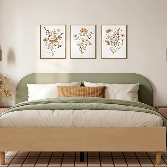 KAIRNE Neutral Boho Floral Framed Canvas Wall Art Set, Vintage Botanical Flower Wall Decor, Minimalist Wildflower Art Prints, Modern Beige Artwork for Living Room, Bedroom, Farmhouse, Office-12"x16"x3