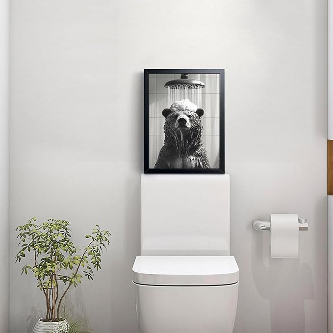 XYHYRA Funny Bear Bathroom Wall Art, Black and White Animal Shower Canvas Print Picture, Cute Bear Taking Bath Poster, Modern Farmhouse Bathroom Restroom Home Wall Decor 12x16 inch Wood Framed