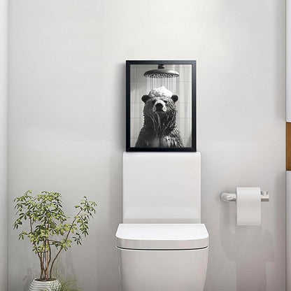 XYHYRA Funny Bear Bathroom Wall Art, Black and White Animal Shower Canvas Print Picture, Cute Bear Taking Bath Poster, Modern Farmhouse Bathroom Restroom Home Wall Decor 12x16 inch Wood Framed