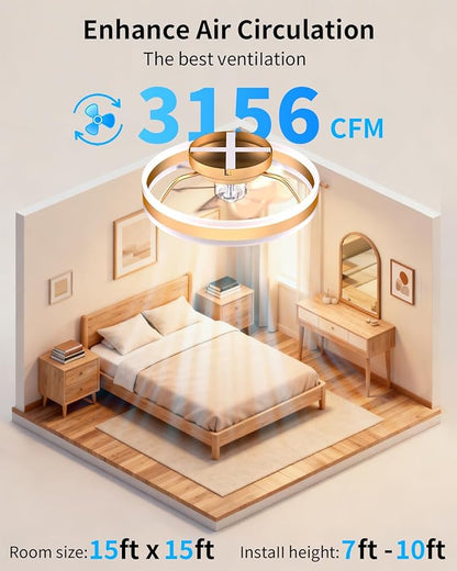 RGB Ceiling Fan with Lights, Low Profile Ceiling Fans with Lights and Remote, Flush Mount LED Fan Light, Modern Bladeless Fandelier for Bedroom Works with APP, 16IN Gold