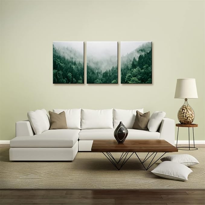 Pacimo Canvas Print Wall Art Set Talking with the Fog Aerial View of Pine Trees in Mist Realism Pictures Print on Canvas Rustic Scenic Modern Artwork Stretch Framed Ready to Hang - 12"x16"x3 Panel