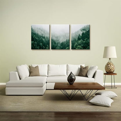 Pacimo Canvas Print Wall Art Set Talking with the Fog Aerial View of Pine Trees in Mist Realism Pictures Print on Canvas Rustic Scenic Modern Artwork Stretch Framed Ready to Hang - 12"x16"x3 Panel