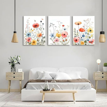 KISSFOX Framed Colorful Wildflower Canvas Wall Art Set Of 3 Flowers Pictures Prints Flowers Printing Floral Watercolors Flower wall Decor Living Room Girls Bedroom Bathroom